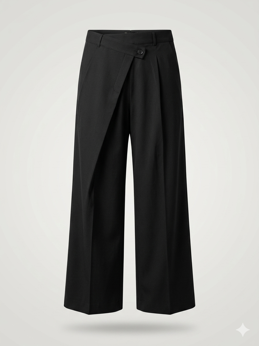Asymmetric Cross-Over Wide-Leg Trousers