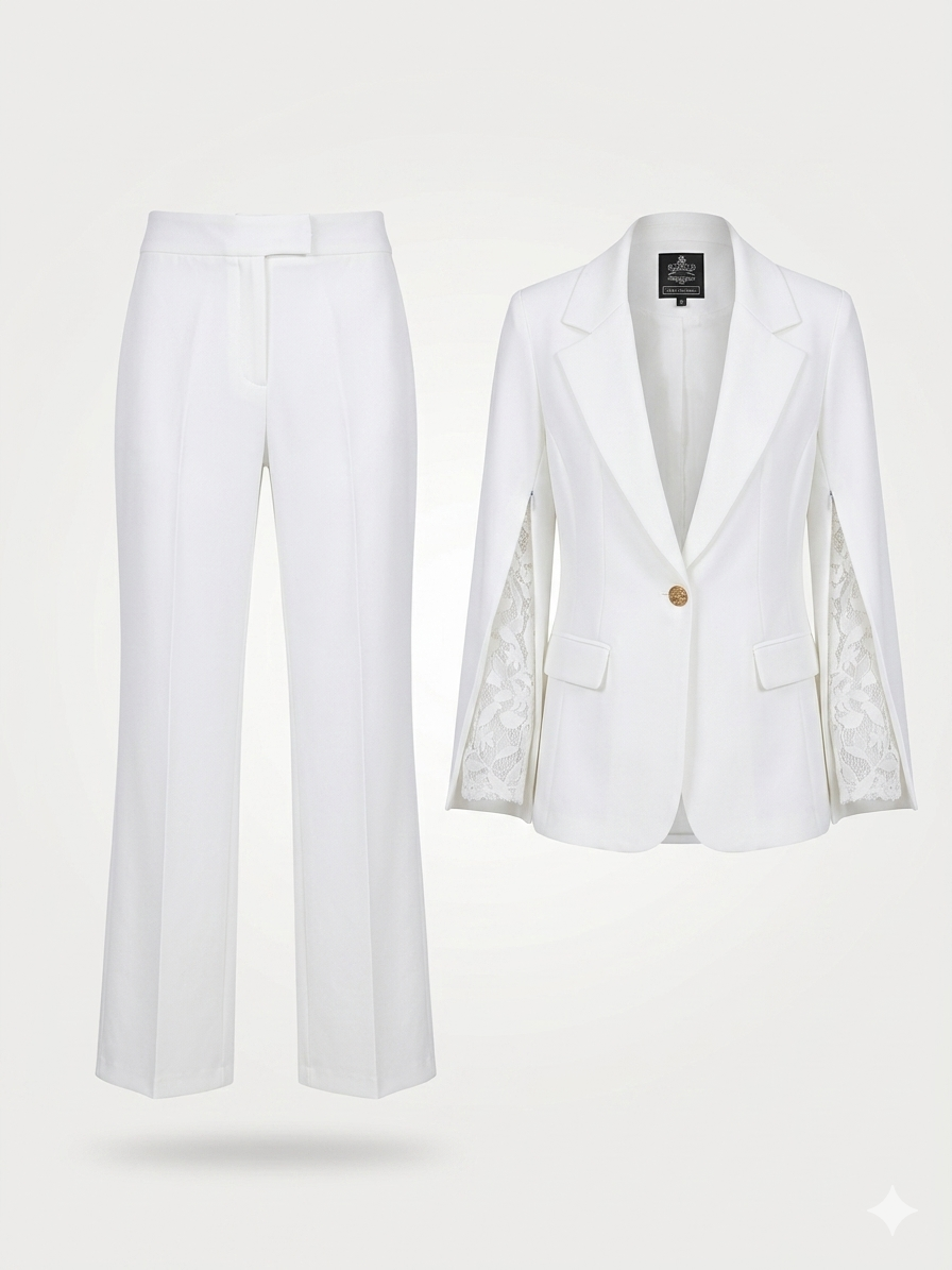 Split-Sleeve Lace-Insert Tailored Pantsuit Set