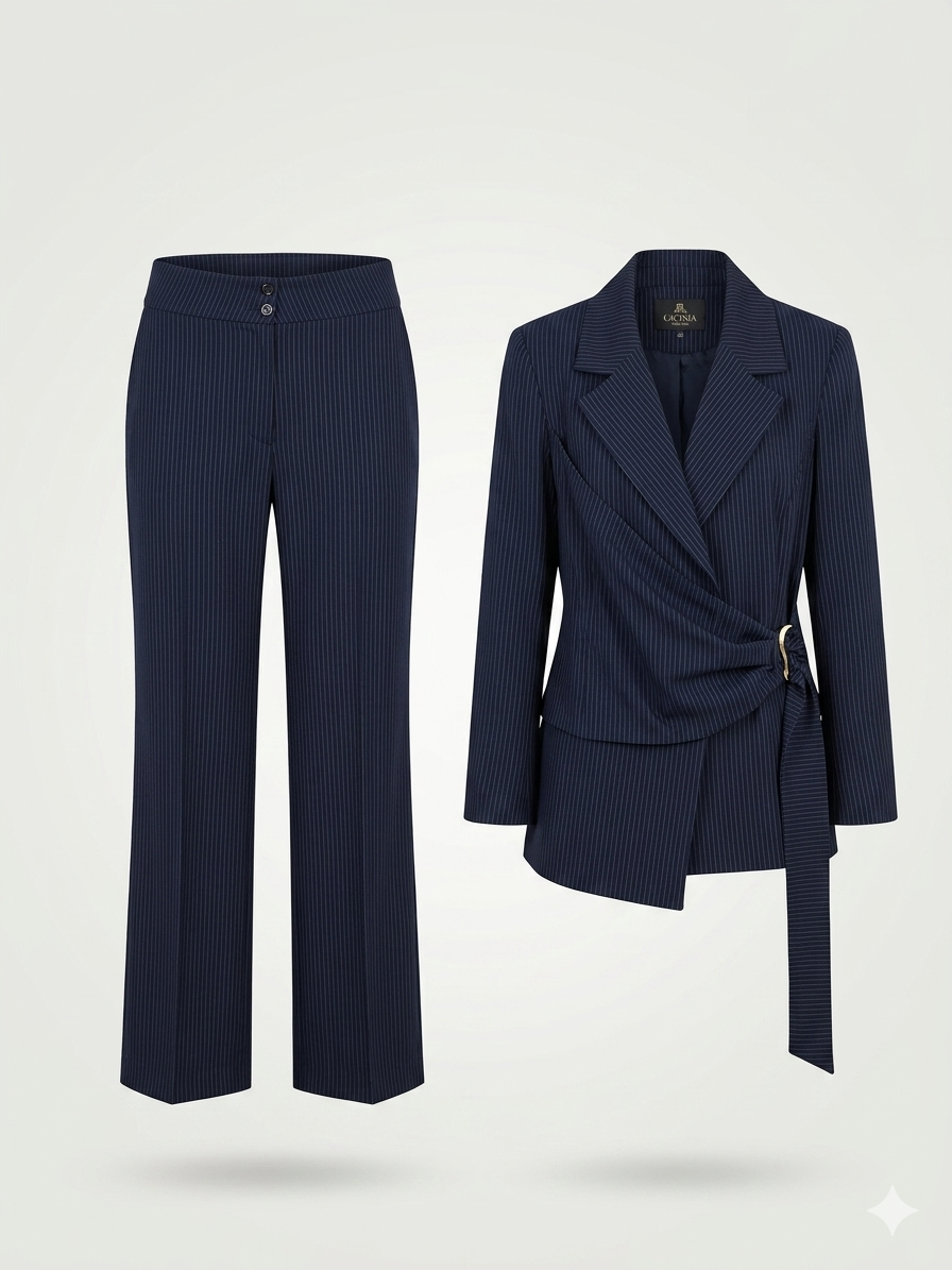 Asymmetric Drape Wrap Pinstripe Pantsuit Set