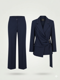 Asymmetric Drape Wrap Pinstripe Pantsuit Set