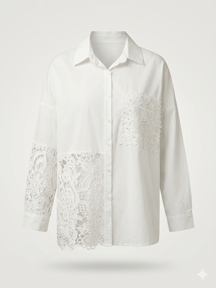 Mixed Guipure Lace Patchwork Button-Down Blouse