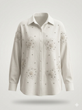 Faux-Pearl Floral Applique Studded Linen Blouse