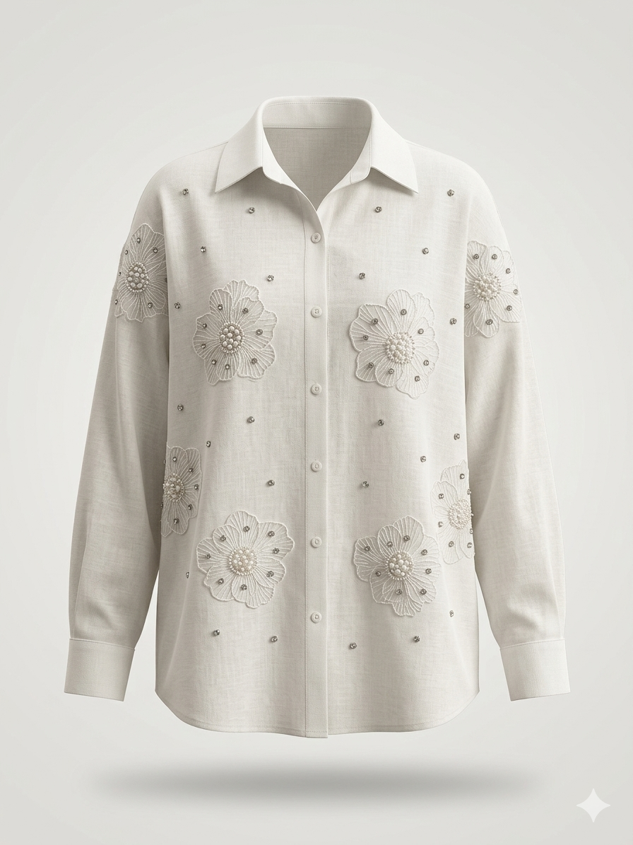 Faux-Pearl Floral Applique Studded Linen Blouse