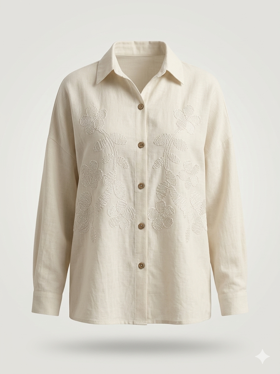 Floral Chain-Stitch Embroidered Linen Blouse