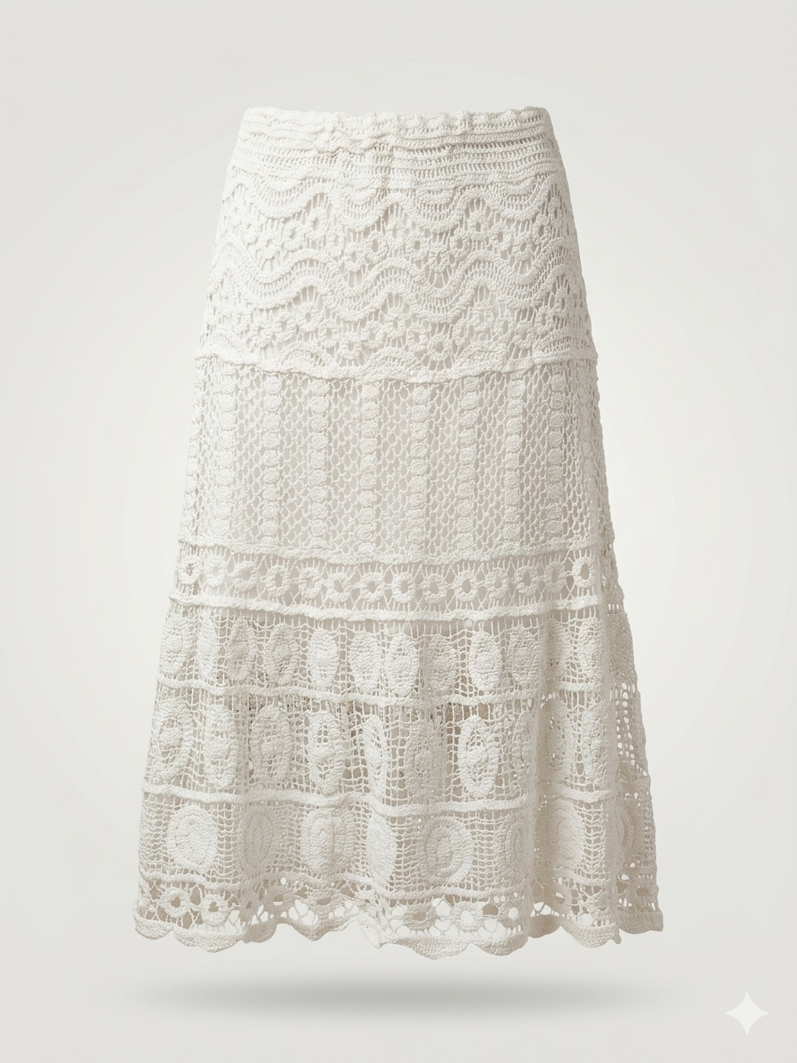 Bohemian Tiered Open-Knit Crochet Maxi Skirt