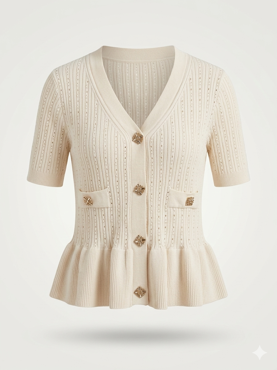 Pointelle Knit Peplum Cardigan with Jewel Buttons